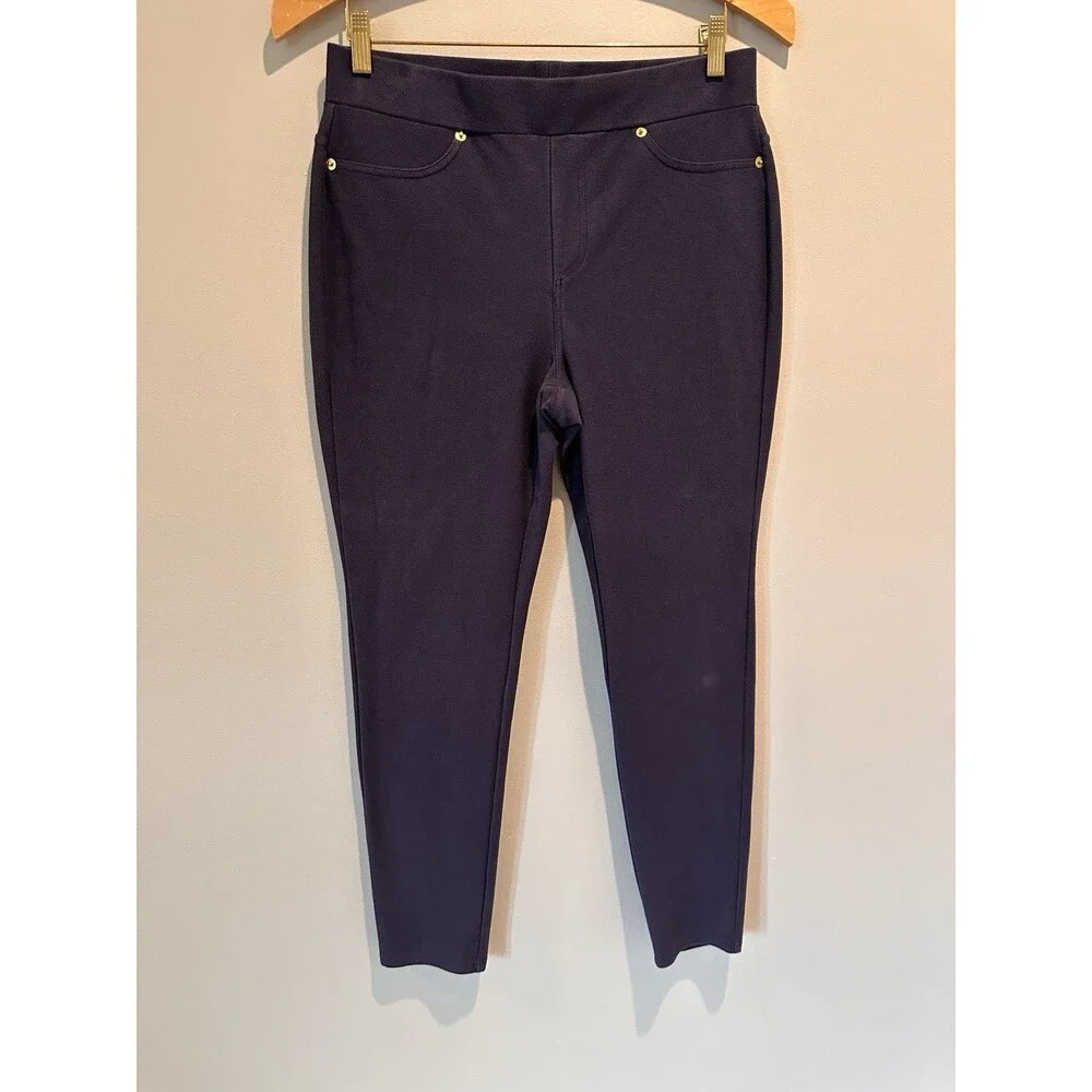 Michael Michael Kors Blue Skinny Pull-On Pants Size L Gold Hardware Leggings